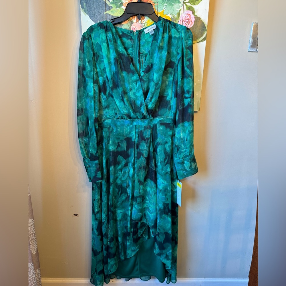 Calvin Klein Emerald Green Floral Chiffon High Low Dress
